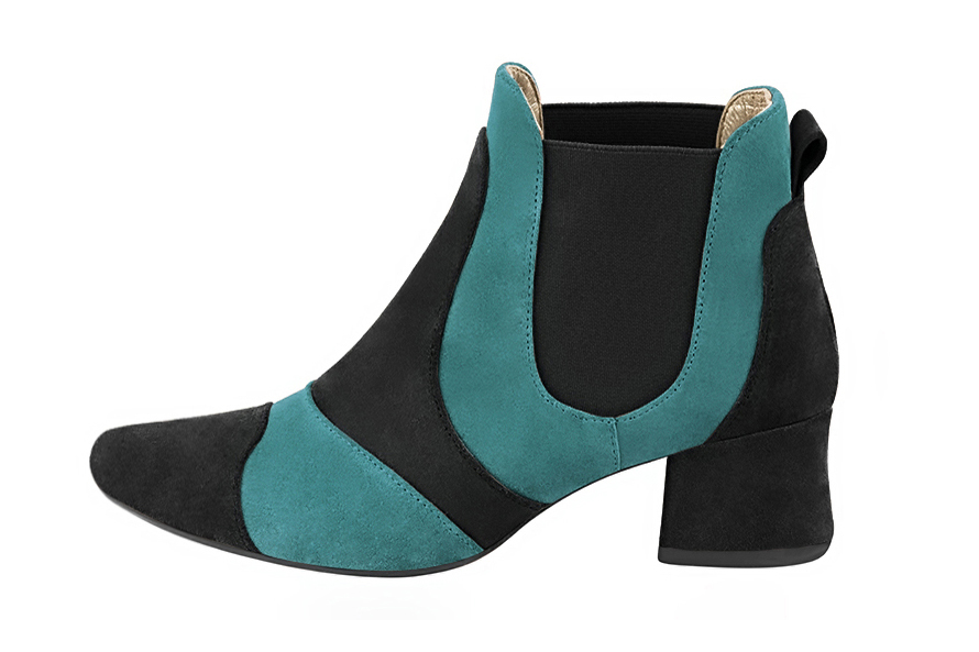 Step out in two-tone leather Chelsea ankle boots with contrasting elastic side gussets for a bold, modern graphic style, in pitch black and aqua blue leather with round toe and low flared heel - Florence KOOIJMAN
